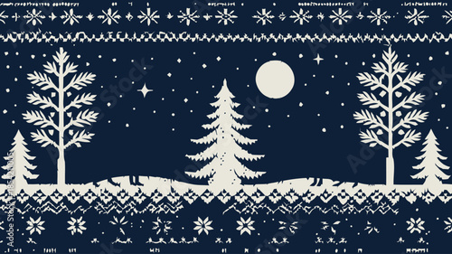 Winter night scene with snow covered trees and full moon