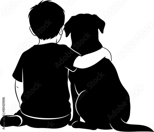 Boy and dog friendship silhouette sitting together with arm around shoulder
