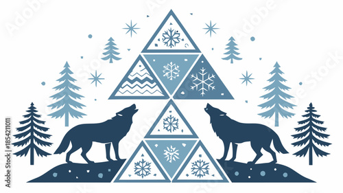 Wolves howl at snowflakes in winter forest landscape