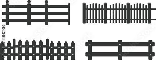 Wooden fence silhouette set with various picket designs for garden farm ranch and suburban backyard boundary protection