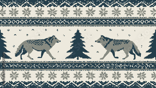 Winter wonderland scene with wolves and trees in snow