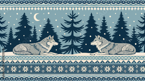 Two wolves face each other in snowy forest with crescent moon