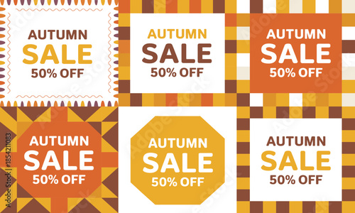 Six vibrant autumn sale 50% off promotional banners featuring geometric patterns and warm seasonal colors, ideal for exciting retail advertising.