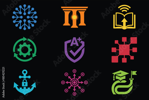 Vibrant educational icons for learning and technology