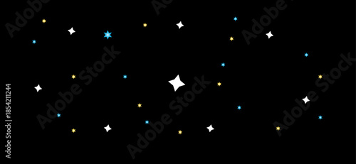 Starry Night Sky With colorful stars and sparkles White, Blue, and Yellow Stars on a Black Background.