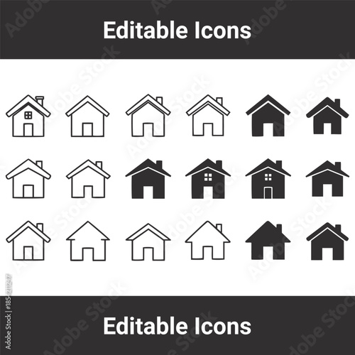 House icon set featuring various building silhouettes and home symbols for real estate and architectural design.