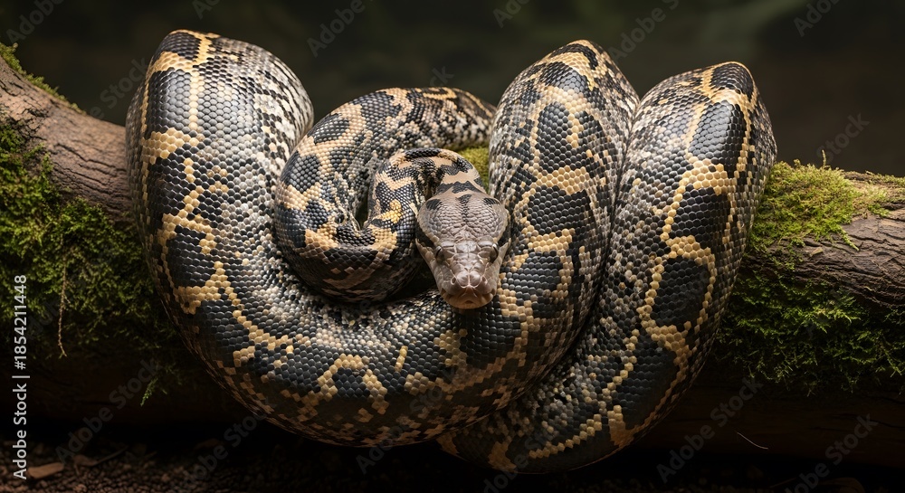 Fototapeta premium Reticulated Python (Malayopython reticulatus) coiled on a mossy