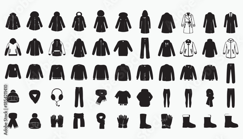 Modern winter clothes and cold weather accessories icons set