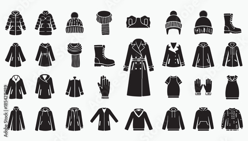 Winter fashion wear accessories and boots glyph icons set