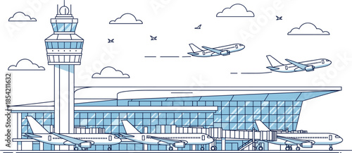 Airport terminal vector illustration with airplanes, jet bridges, and control tower for travel, aviation, and transportation-themed design use.