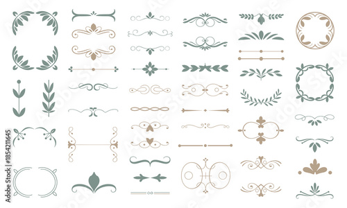 Muted color vector set of elegant ornamental dividers, decorative borders, and flourishes for vintage wedding invitations and sophisticated design templates.