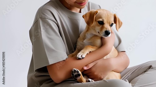 A cute small brown Jack Russell terrier sits in a studio while a professional veterinarian doctor provides domestic pet care for the sick canine