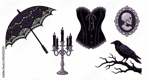 Gothic style accessories and symbols in a vintage aesthetic