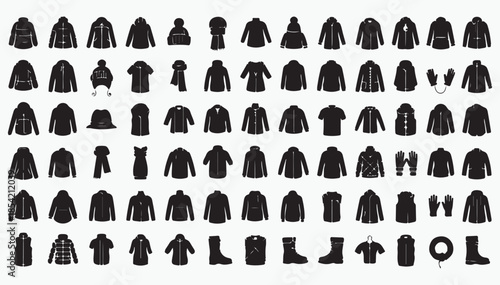 Winter season wardrobe and clothing glyph vector icons set
