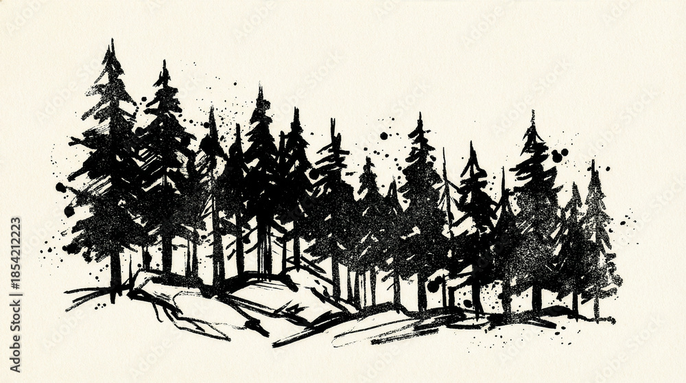 Obraz premium Minimalist black ink painting of a dense pine forest
