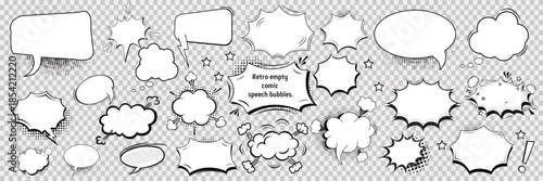 Retro empty comic speech bubbles set with black halftone shadows. pop art style Vintage, comic design Full stock vector.