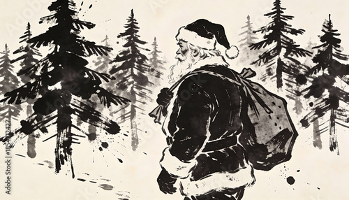 Minimalist black ink painting of Santa Claus walking through a pine forest
