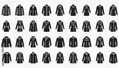 Winter jackets and coats fashion wear glyph vector icons set
