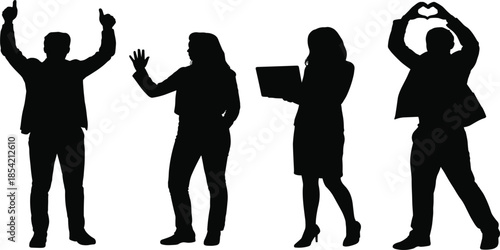 Diverse business people silhouettes with successful professional poses and office worker gestures isolated on white background