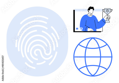 Fingerprint icon, globe design, and virtual trophy in video call representing digital identity, online recognition, global communication. Ideal for cybersecurity, remote work, awards, global