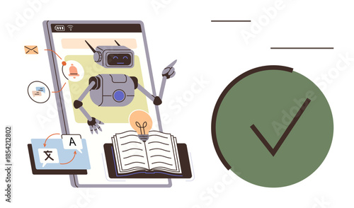 Robot with open book, lightbulb, language tools, and notifications in digital interface. Ideal for education, technology, AI, translation productivity innovation creativity concepts. Simple flat