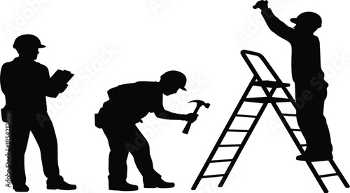 Construction worker silhouettes set with builder using hammer and ladder for home renovation or industrial project