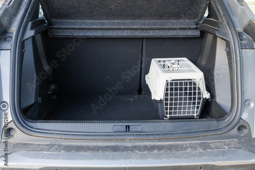 Pet carrier in car trunk ready for travel