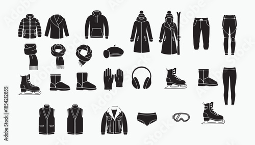 Winter sports gear and outdoor fashion wear glyph vector icons