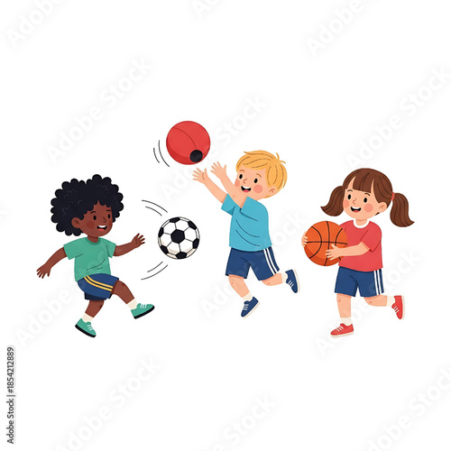 Children playing various sports like soccer, basketball, and catch with balls
