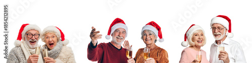 Set of happy senior couples in Santa hats celebrating Christmas and New Year holiday season with champagne isolated on transparent background