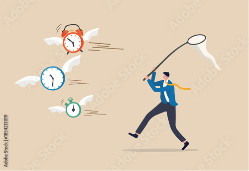 Lack of time or running out of time, countdown for work project deadline or time is valuable thing in life concept, frustrated businessman hurry chasing to catch flying away alarm clock and stop watch