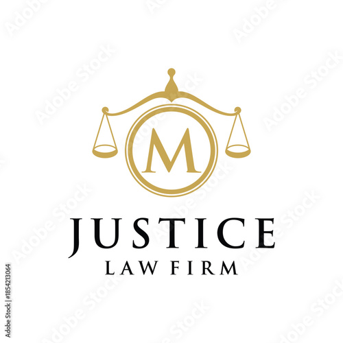 Initial letter M justice law firm logo design, attorney scale of justice legal graphic icon vector template