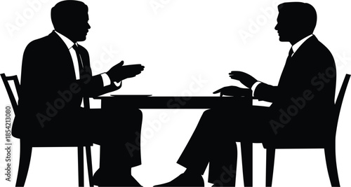 Businessmen silhouettes having a formal meeting and professional discussion sitting at office table on white background
