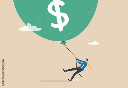 FED, Federal Reserve try to tame inflation down by interest rate hike, economic risk or investment bubble concept, businessman Federal Reserve or government try to pull big inflation balloon down.