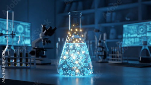 Laboratory flask emitting gentle light with medical particles inside.