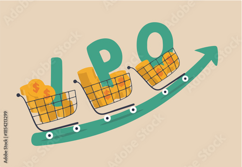 New stock IPO, initial public offering company going public to trade in stock exchange market concept, cart with money coins with the alphabet IPO riding on green rising up trading price graph