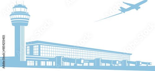 Blue Monochrome Airport Silhouette Illustration Featuring Control Tower, Terminal Building, Jet Bridges, and Airplane Taking Off Overhead