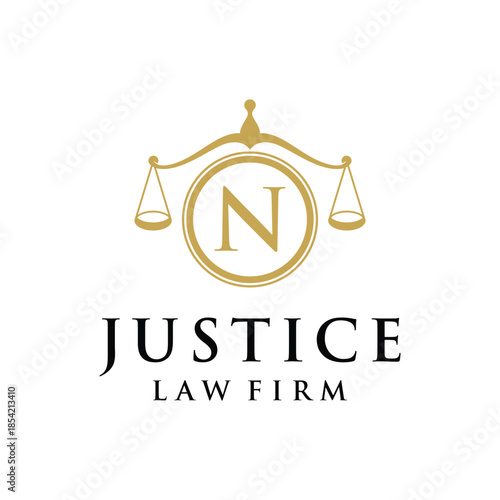 Initial letter N justice law firm logo design, attorney scale of justice legal graphic icon vector template