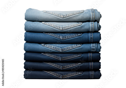 Stack of seven precisely folded blue denim jeans displaying a rich wash gradient from indigo to pale stonewash, isolated on a pure white background, concept of premium retail fabric display
