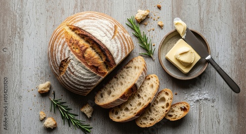 Overhead shot of sliced sourdough bread with butter and rosemary sprigs