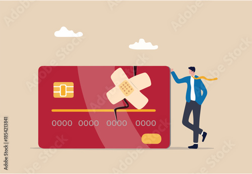 Credit repair, process to fixing poor credit standing, recover from financial mistake or negotiate with lender concept, confidence businessman stand with fixed and repaired credit card with bandage