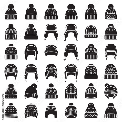 Winter beanie hats and knitted cap fashion glyph icons set