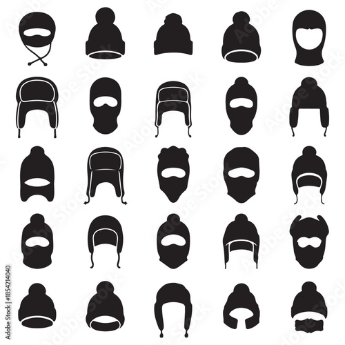 Winter ski masks balaclava and knitted beanie glyph icons set