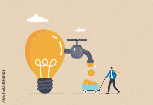 Startup company start generate revenue or income, business idea to make money, gain profit or create sales concept, businessman get money from revenue faucet flowing from lightbulb idea. 