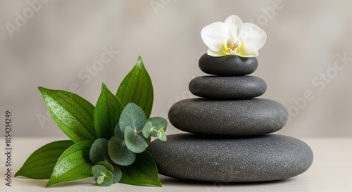 Zen stones stacked with flower and leaves for relaxation and meditation