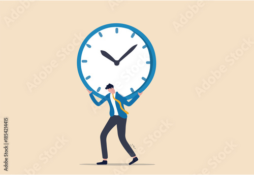 Time management failure, freedom to spend time with family and loved one, overworked or office worker routine work overtime concept, depressed businessman salary man carry heavy big clock burden. 