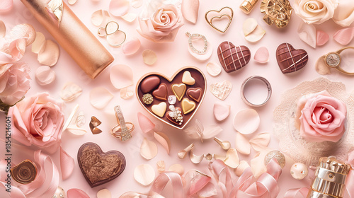 チョコ、花、アクセサリーが散りばめられている