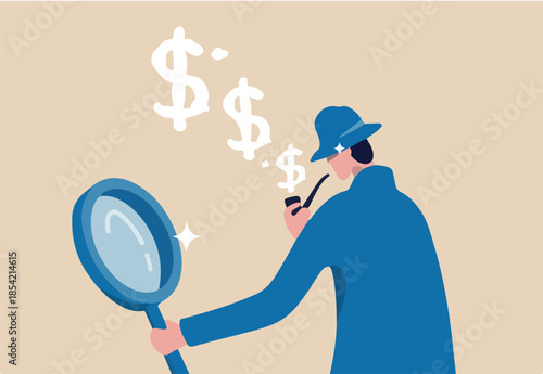 Search for investment opportunity, checking tax payment, analyze financial data or discover money earning concept, anonymous smart detective with magnifying glass smoking pipe with dollar sign smoke