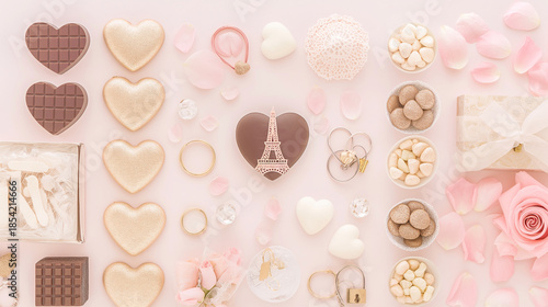 チョコ、花、アクセサリーが散りばめられている