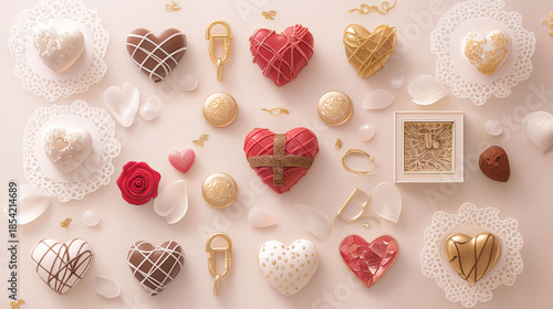 チョコ、花、アクセサリーが散りばめられている